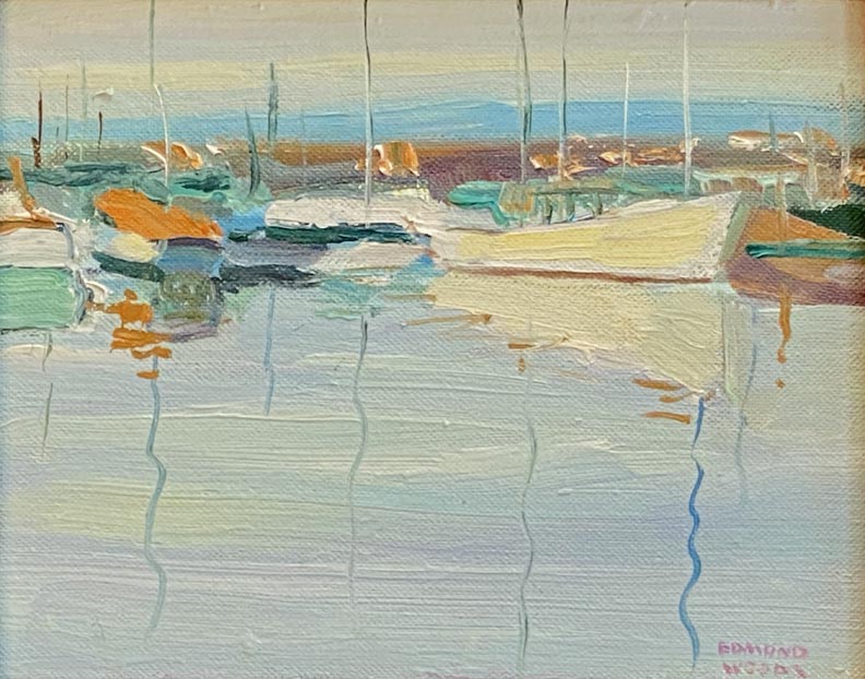 Edmond Woods, Morning Boats, oil on masonite, 8 x 10.  A quiet scene of boats and masts at rest in a harbor.