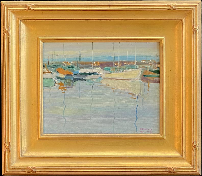 Edmond Woods, Morning Boats, oil on masonite, 8 x 10.  A quiet scene of boats and masts at rest in a harbor.