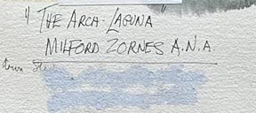 Milford Zornes, The Laguna Arch, Laguna Beach, CA, 1973, title and signature, verso