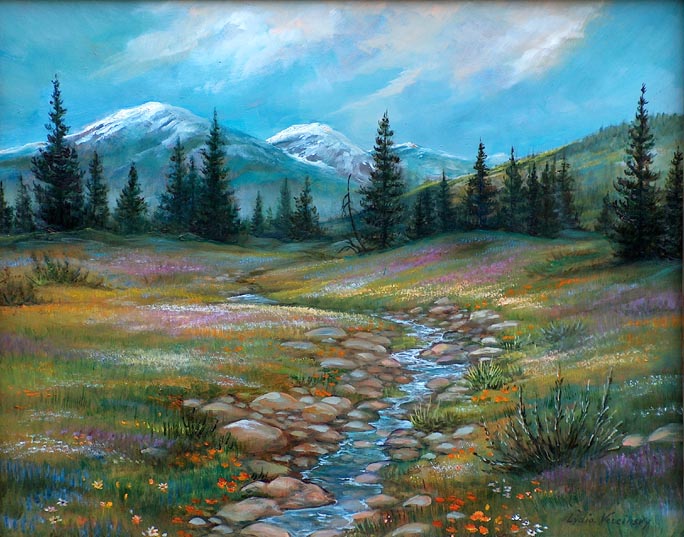 Lydia Vercinsky Sierra Nevada Meadow with wildflowers and brook