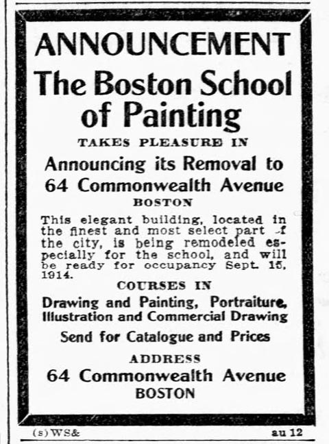 Ad announcing the new 1914 location of the Boston Art School 64 Commonwealth Ave, Boston