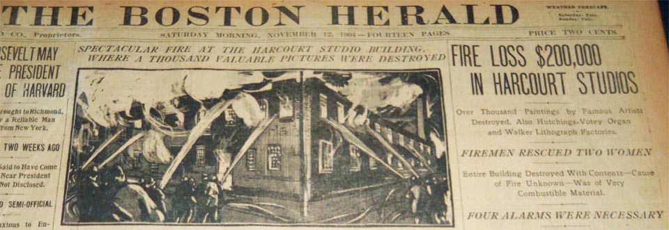 The Boston Herald headline, November 12, 1904, Harcourt Studios Fire