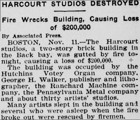 Associated Press, Clipping, Harcourt Fire, Boston, 1904 