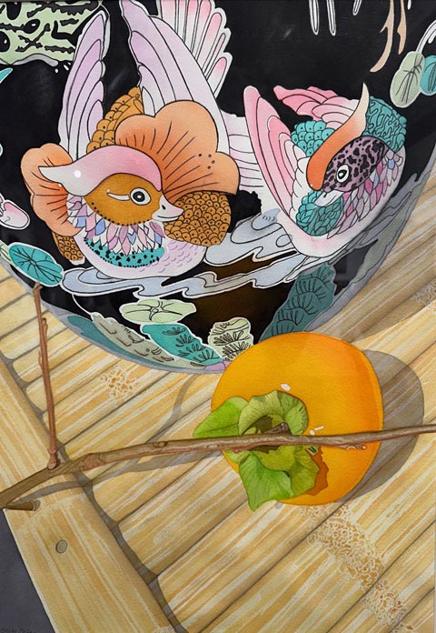 Sally Baker, Persimmon with Bamboo and Ducks  Studio 44, 5990 Vine Hill School Road Sebastopol, KNSBaker@Yahoo.com / 707-839-0396
