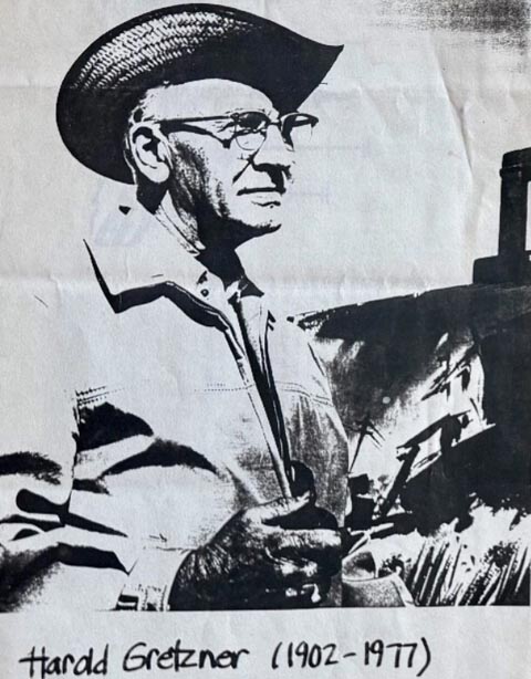 Black and white of Harold Gretzner in hat and jacket