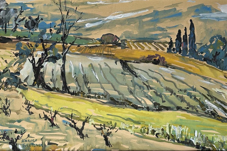 Harold Gretzner, Rolling Vineyards, watercolor and gouache available, Bodega Bay Heritage Gallery Collection