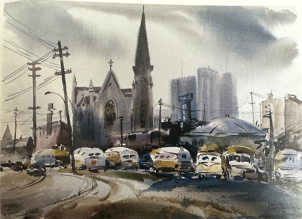 Harold Gretzner, Bus Depot, Oakland, Jeff Olson Collection,  from Gordon McClelland's California Watercolors (1850-1970): An Illustrated History and Biographical Dictionary (2002)