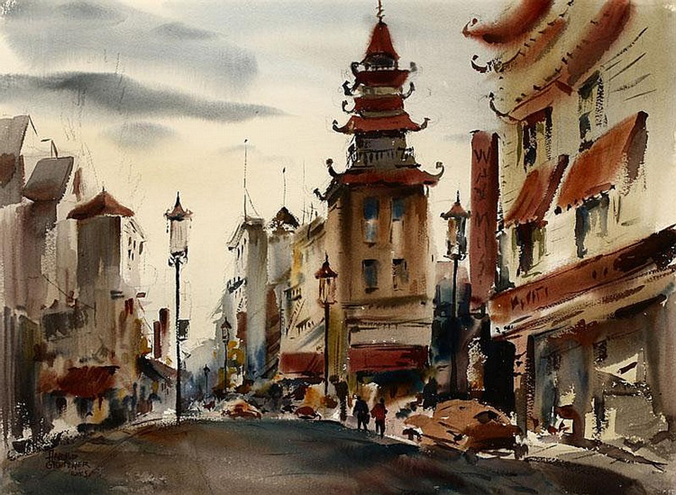 Harold Gretzner,Chinatown Street Scnene, Private Collection 