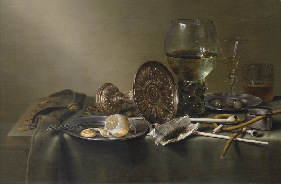 Still Life with Glasses and Tobacco, 1633. Willem Claesz Heda (1594–1680), Oil on panel, 20 x 29 3/4 inches. Dutch and Flemish masterworks from the Rose-Marie and Eijk van Otterloo collection.