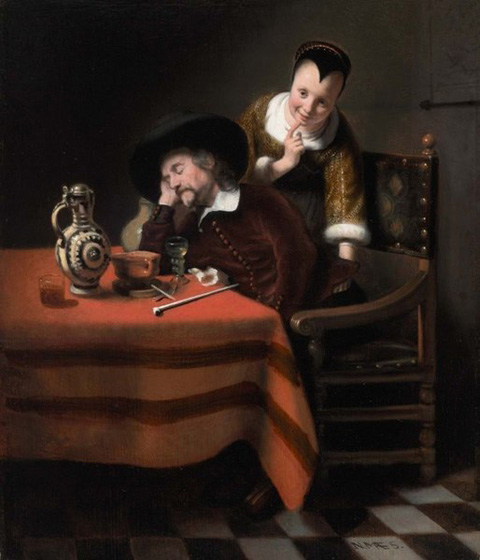 Sleeping Man Having His Pockets Picked, c. 1655. Nicolaes Maes (1634–1693), Oil on panel, 14 x 12 Dutch and Flemish masterworks from the Rose-Marie and Eijk van Otterloo collection