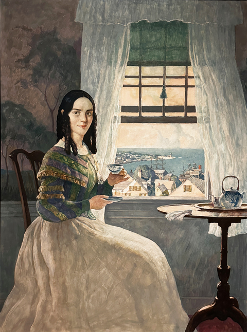 N.C. Wyeth, Portrait of Jane Nason Tibbets, 1937 aka A Maine Sea Captain's Daughter, set in 1850 In this case, this painting is a standalone fine-art painting,  not tied to a published narrative.