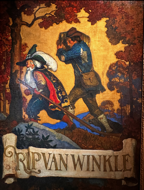 N.C. Wyeth, Rip Van Winkle, cover illlustration, 1921 (the figure with plumed hat and cape seems to invite you to follow him into the story)