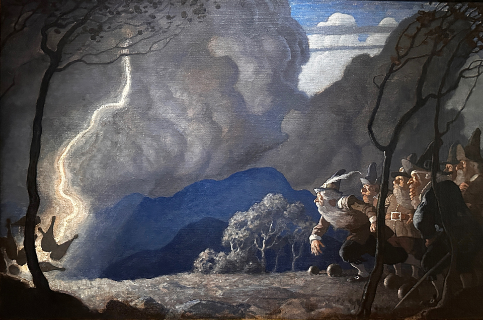 N.C. Wyeth, Rip Van Winkle endpaper illustration, 1921,  (A group of gnomes bowl with lightening bolts streaking across the sky as the ball strikes the pins.)