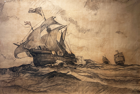 N.C. Wyeth A New World View, The Three Vessels of Columbus, 1942, Charcoal and graphite on paper.